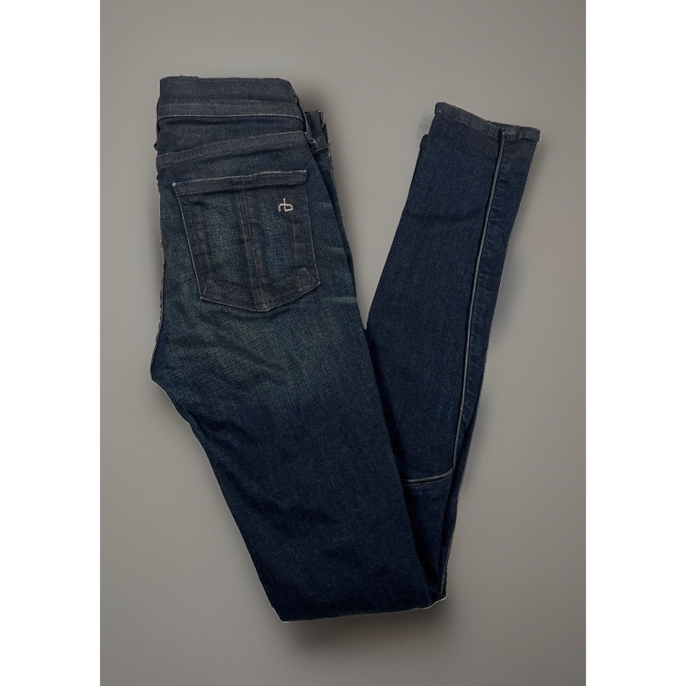 RAG & BONE Womens Skinny Jeans Lamb Leather Trim 24 Wakefield Dark Wash USA